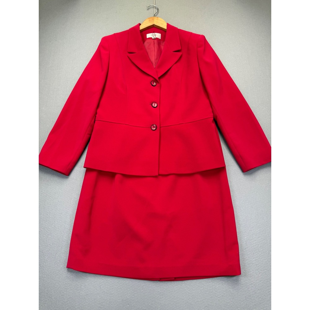Le‎ Suit Petite Womens 12P Red 2-Piece Skirt Suit Set 3-Button Blazer Career New